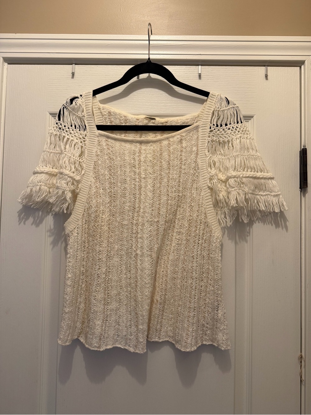 Free People Cream Crochet Knit Top with Fringe Sleeves - NWOT - Small